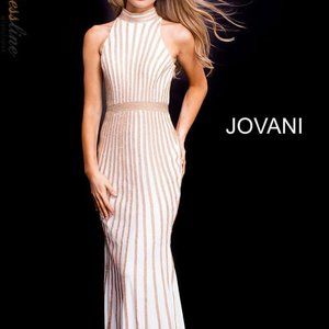 Jovani White and Gold Striped Prom Dress